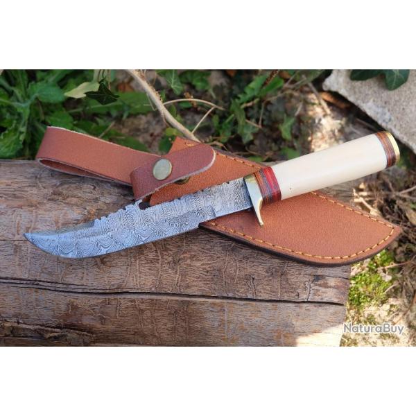 Puukko XXL Couteau Damas Lame 256 Couches Harpoon Manche Os Fabrication Artisanale Etui Cuir