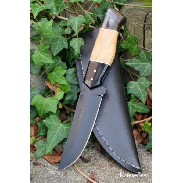 Couteau Skinner Lame Drop Point Acier Carbone 1055 Black Manche Bois/Rsine Etui Cuir Fab Artisanat0