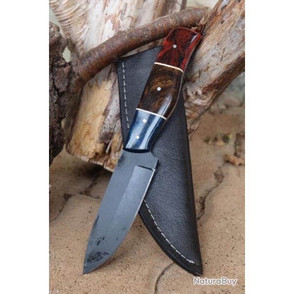 Couteau de Chasse Skinner Lame Acier Carbone 1055 Black Manche Rsine Etui Cuir Fabric Artisanale A1