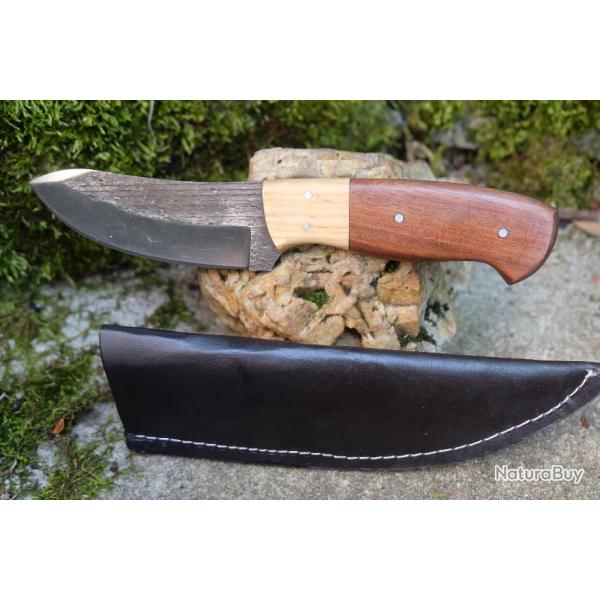 Poignard Bushcraft Couteau de Chasse Survie Lame Carbone 1075 Manche Bois Etui Cuir Fabr Artisan 01