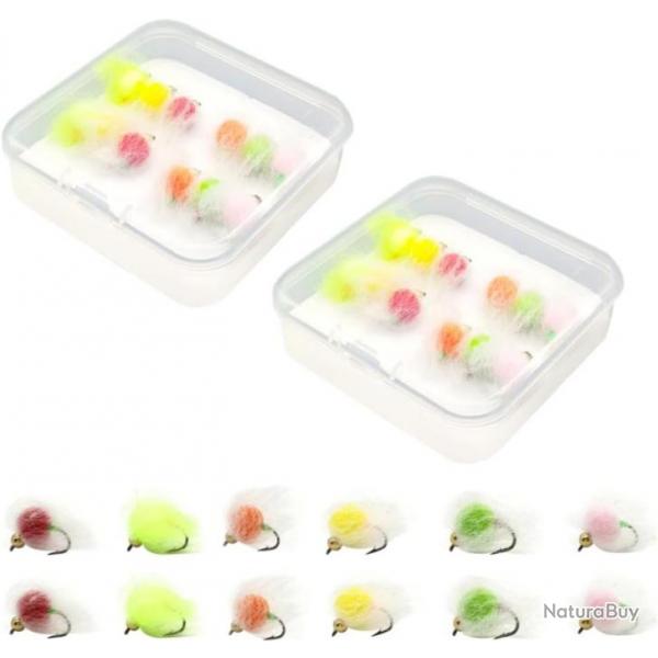 Kit Peche Mouche 24 Leurres Flottants Lumineux Oeufs Truite Saumon Boite