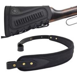 Lot Sangle cuir noir + buttstock support de crosse 22lr et équivalent