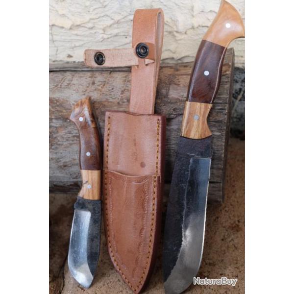 Set de 2 Couteaux Bushcraft Twin Hunter Lames Acier Carbone 1075 Manche Bois Etui Cuir F Artisanale