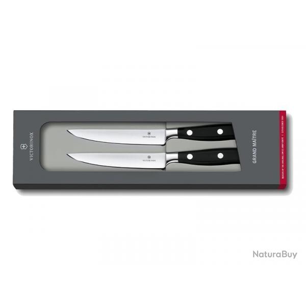 BEL2263 SET DE 2 COUTEAUX A STEAK VICTORINOX FORGE GRAND MAITRE LAME 12CM MANCHE "POM" NEUF