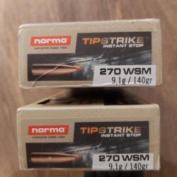 2 Boites + 5 balles de  NORMA TIPSTRIKE 270 WSM 9,1g / 140gr + 11 balles de winchester 270 WSM 150gr