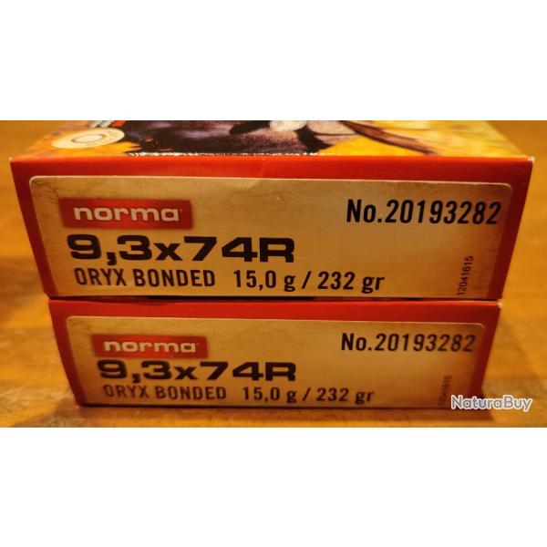 Cartouches 9,3x74 Norma Oryx bonded 232gr - Bote de 20 - Lot de 2 -