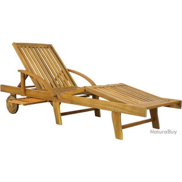 Chaise Longue Bois d'Acacia 200cm - Transat avec Roues - Meuble Couchage - Extrieur Jardin Terrasse