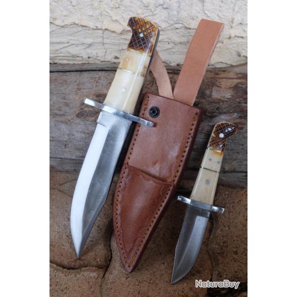 Set de 2 Couteaux De Chasse Twin Hunter Lames Acier Carbone 1055 Manche Os Etui Cuir Fabr Artisanat