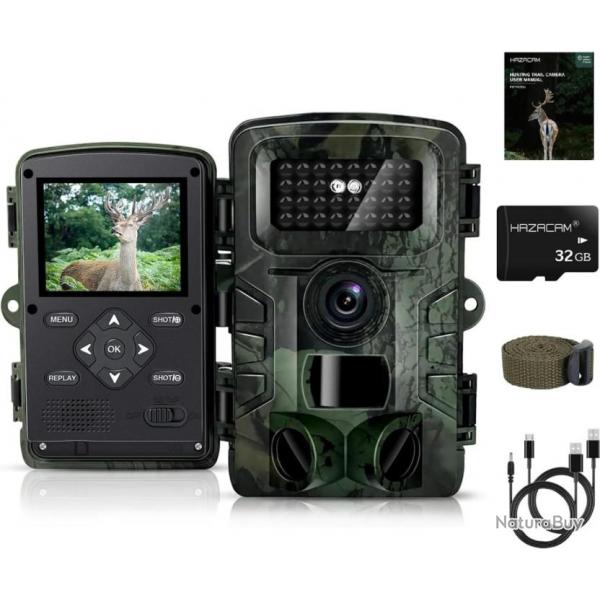 Camra de Chasse Vision Nocturne, 1080P HD Infrarouge Camera Animaux Piege Photographique LCD