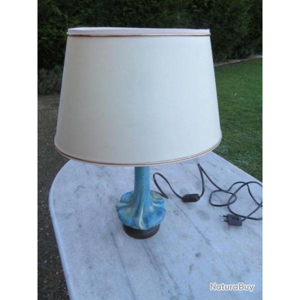 Ancienne lampe en grs maill de pirrefonds faence hraldique maux cristalliss bleu (Vers 1940)