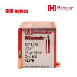 Boîte de 600 Ogives Hornady .22 (.224) 75gr BTHP - Référence 22796