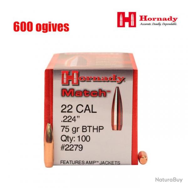 Bote de 600 Ogives Hornady .22 (.224) 75gr BTHP - Rfrence 22796