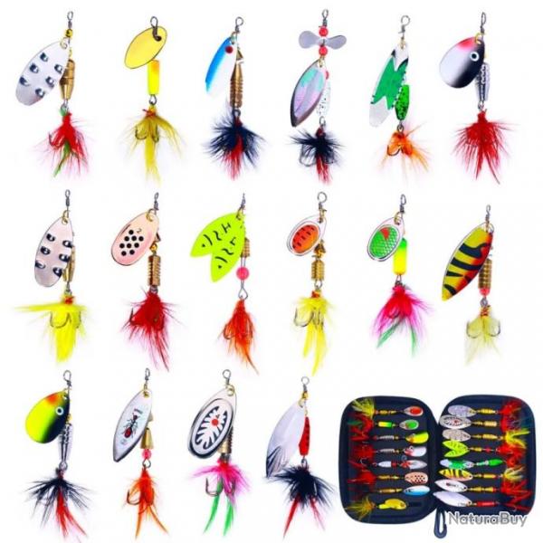 Lot de 16 Cuillres de Pche Spinner Leurres pour Perche, Brochet, Truite avec Bote