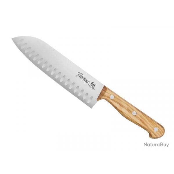 BEL2282 COUTEAU SANTOKU DUE CIGNI TUSCANY LAME ALVEOLEE 18CM MANCHE OLIVIER NEUF