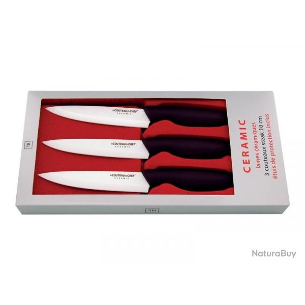 BEL2318 COFFRET DE 3 COUTEAUX A STEAK TB CERAMIC LAME 10CM CERAMIQUE MANCHE ABS NOIR NEUF