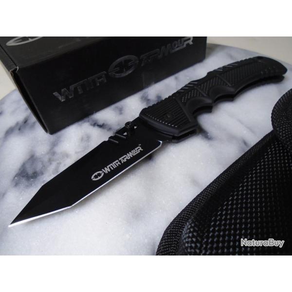 Couteau WithArmour Lame Tanto Acier 440C Manche Synthtique Noir Clip Lockback Etui Nylon 049BK