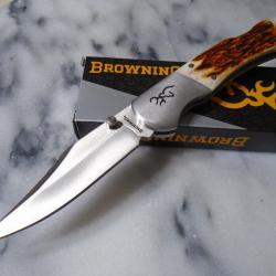 Couteau Browning Lame Clip Point Acier 9Cr13CoMoV Manche Os Jigged Marron Lockback BR0530B