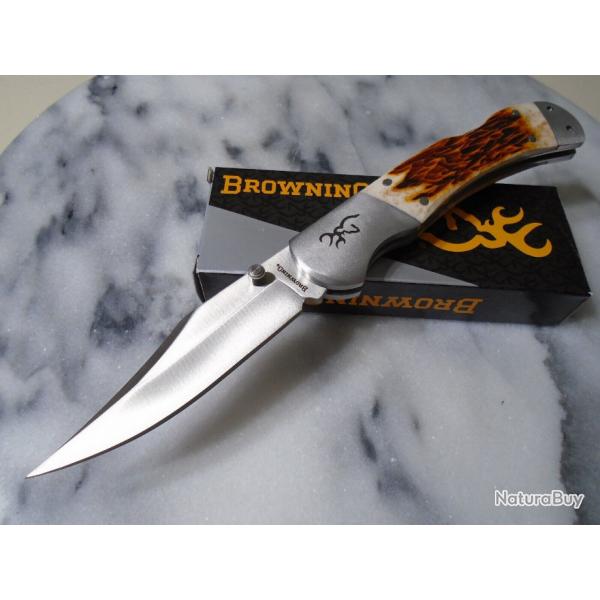 Couteau Browning Lame Clip Point Acier 9Cr13CoMoV Manche Os Jigged Marron Lockback BR0530B