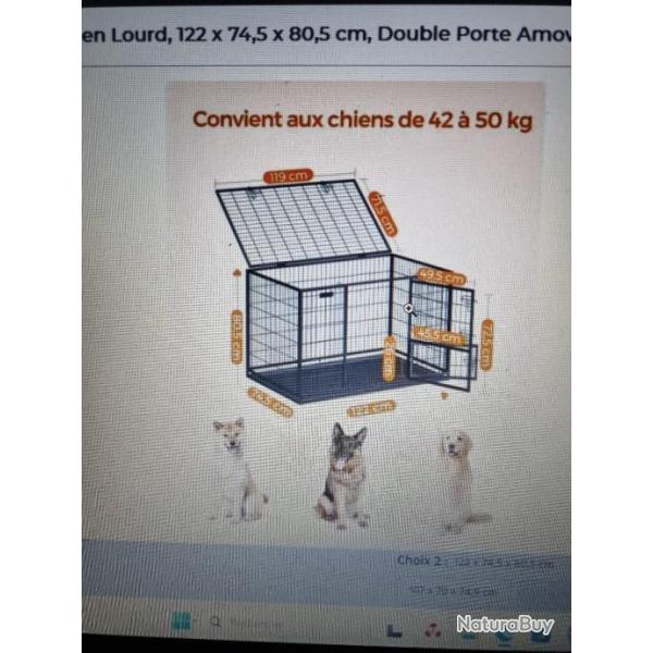 Cage pour Chien Lourd, 122 x 74,5 x 80,5 cm, Double Porte Amovible, Nettoyage Facile, Parc  Chiens,