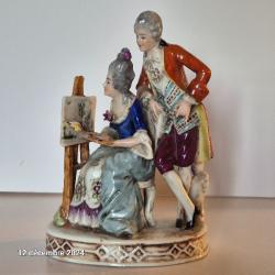 L' artiste peintre et son observateur, en Porcelaine Allemande De Sitzendorf, Saxe,  Vers 1900