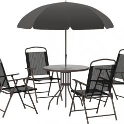 Ensemble Salon de Jardin 6 pcs - Table Ronde + 4 chaises Pliables + Parasol en Acier Textilène