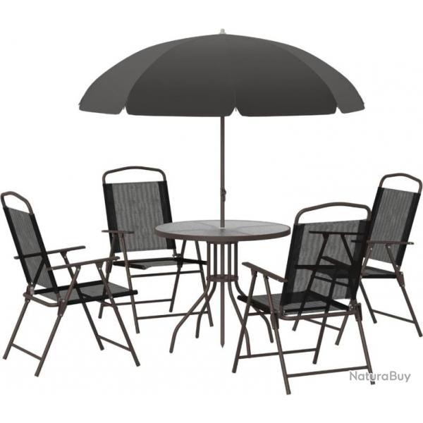 Ensemble Salon de Jardin 6 pcs - Table Ronde + 4 chaises Pliables + Parasol en Acier Textilne