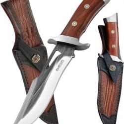 Couteau De Survie Acier Inoxydable AST 28,5cm Lame Fixe Manche En Bois Avec Etui En Cuir