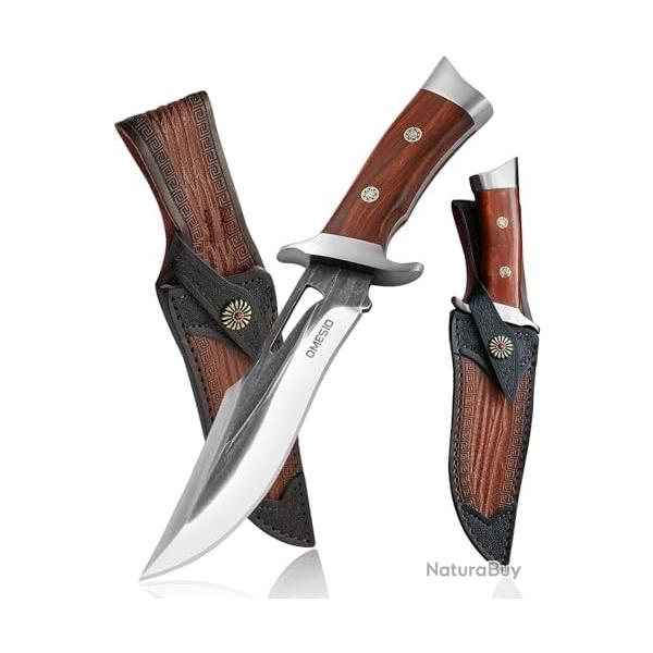 Couteau De Survie Acier Inoxydable AST 28,5cm Lame Fixe Manche En Bois Avec Etui En Cuir