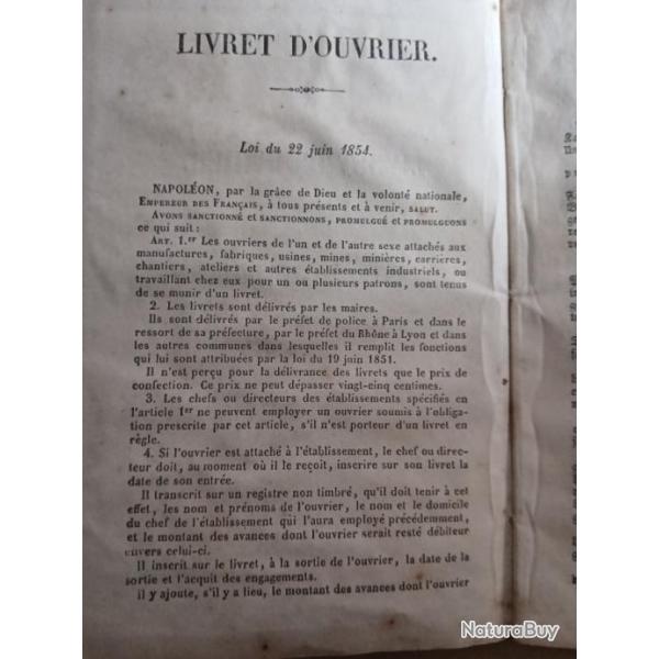 LIVRET  D OUVRIER  ANCIEN    FRANCO  ALLEMAND DE  1854