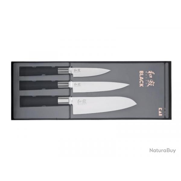 BEL2351 SET 3 COUTEAUX KAI WASABI (UNIVERSEL 10cm et 15cm, SANTOKU 16,5cm) MANCHE NOIR NEUF