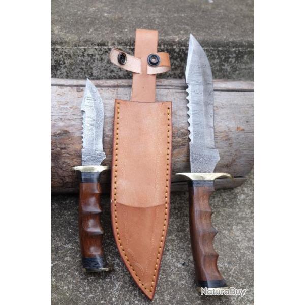 Set de 2 Couteaux De Chasse Twin Lames Acier Damas 256 Couches Manche Bois Etui Cuir Fab Artisanale