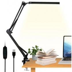 Lampe de Bureau LED avec Pince - 10W, Bras Métallique Rotatif et Pliable, Lumière Anti-Fatigue