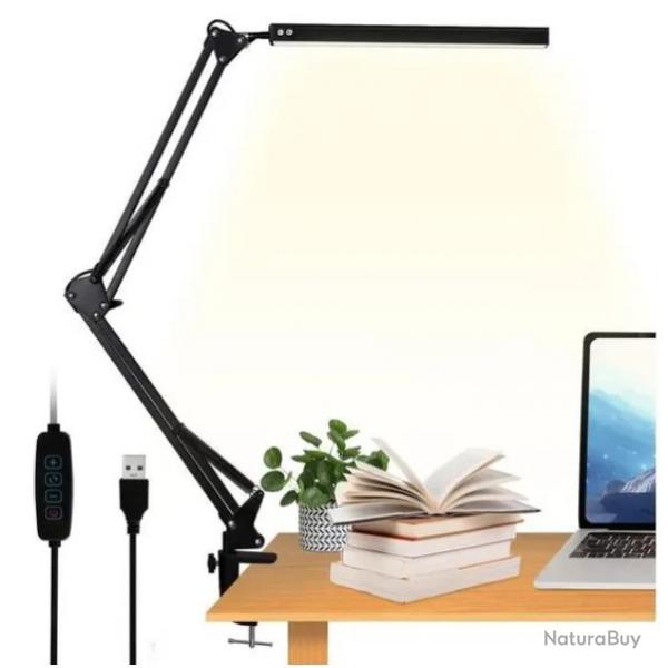 Lampe de Bureau LED avec Pince - 10W, Bras Mtallique Rotatif et Pliable, Lumire Anti-Fatigue