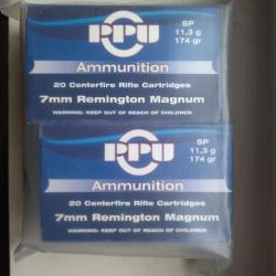 LOT DE 2 BOITES DE 20 MUNITIONS 7MM REMINGTON MAGNUM  NEUVES  PPU