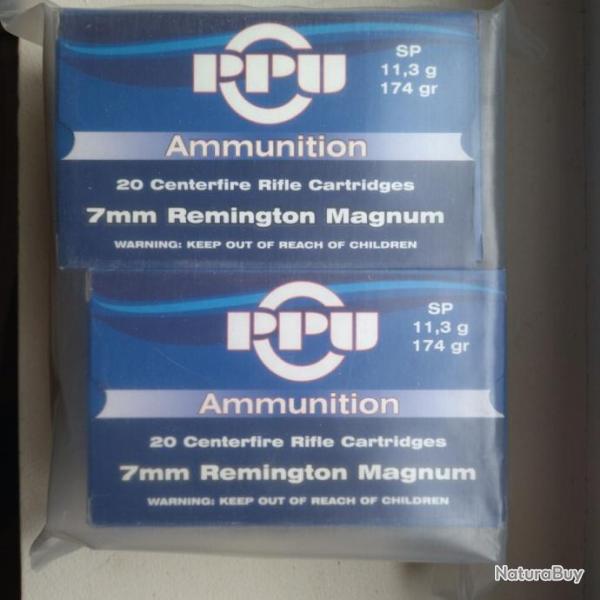 LOT DE 2 BOITES DE 20 MUNITIONS 7MM REMINGTON MAGNUM  NEUVES  PPU