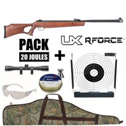 PACK CARABINE AIR COMPRIME UX R-FORCE XTREM BOIS GAS PISTON CAL 4.5MM 19,9 J Lunette 4x32