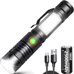 Torche LED 2000 Lumens Super Lumineuse, 2500 mAh Torche USB Rechargeable Haute Capacité