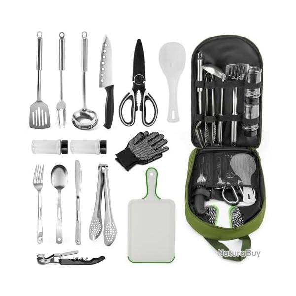 16 Pices Essentiels de Camping, Ustensiles de Cuisine de Camping avec Sac de Rangement