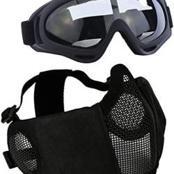 Kit de protection Airsoft avec demi-masque en maille avec protection des oreilles et lunettes