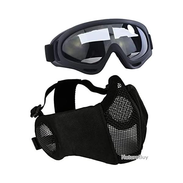 Kit de protection Airsoft avec demi-masque en maille avec protection des oreilles et lunettes