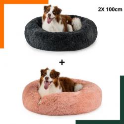 2 x coussins lit pour chiens - 100 cm diamètre -  Gris foncé et rose Livraison gratuite et rapide