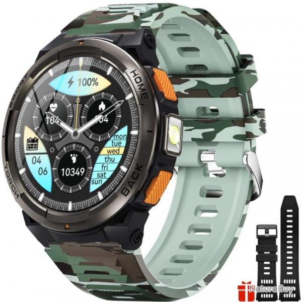 Montre Connecte Homme 3ATM tanche avec Appels Bluetooth 1,45" Militaire Smartwatch avec Torche LED