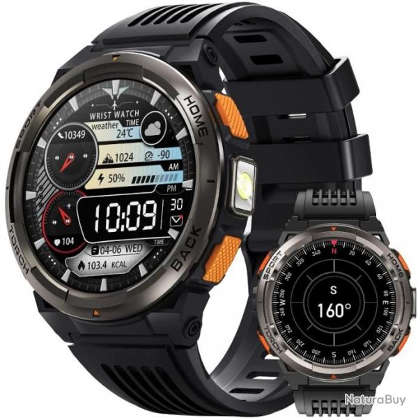 Montre Connecte Homme 3ATM tanche Appels Bluetooth 1,45" Militaire Smartwatch avec Torche LED Noir