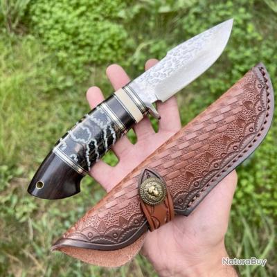 Couteau Pliant Artisanal – Lame Tanto Acier Damas, étui Tête De Mort, Style Japonais