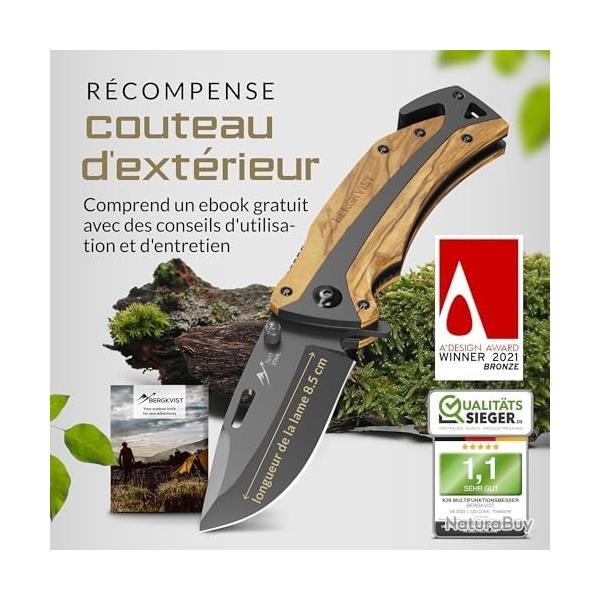 BERGKVIST K29 Couteau Pliant Titanium 3-en-1 Survie Brise-Vitre Coupe-Ceinture Pierre  Feu tui