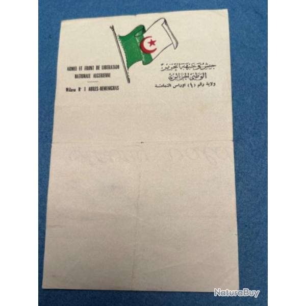 RARE PAPIER VIERGE  A ENTTE DU F L N  GUERRE D'ALGRIE  1950 / 1962