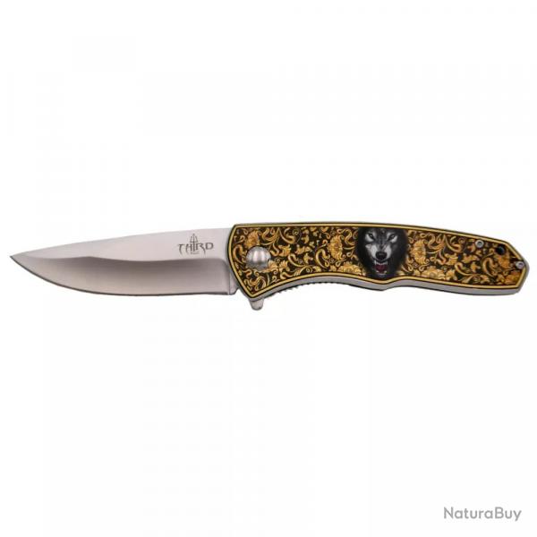 COUTEAU PLIANT THIRD MOTIF LOUP ET DECOR DORE