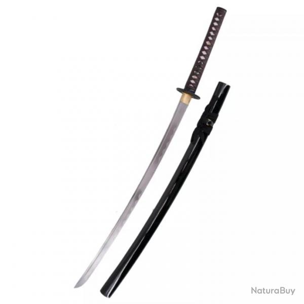 KATANA LAME ACIER FONCTIONNEL NOIR POIGNEE CUIR MARRON