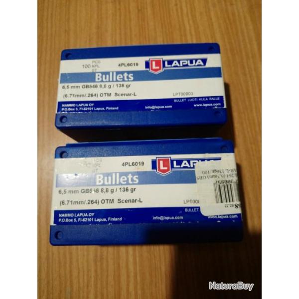 Vends 200 Ogives Lapua Scenar-L calibre 6.5 mm (.264) 136 gr / 8,80 g