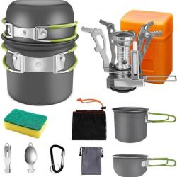 Kit de Casserole Camping, Batterie Cuisine Camping avec Mini Réchaud Gaz Ultraléger Aluminium